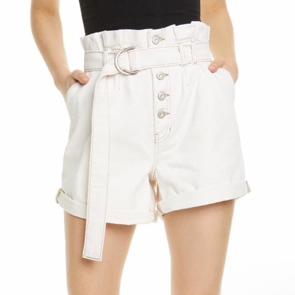 51.  NWOT! Free People Cindy Utility Shorts Paperbag Waist Ecru Denim Belted 4